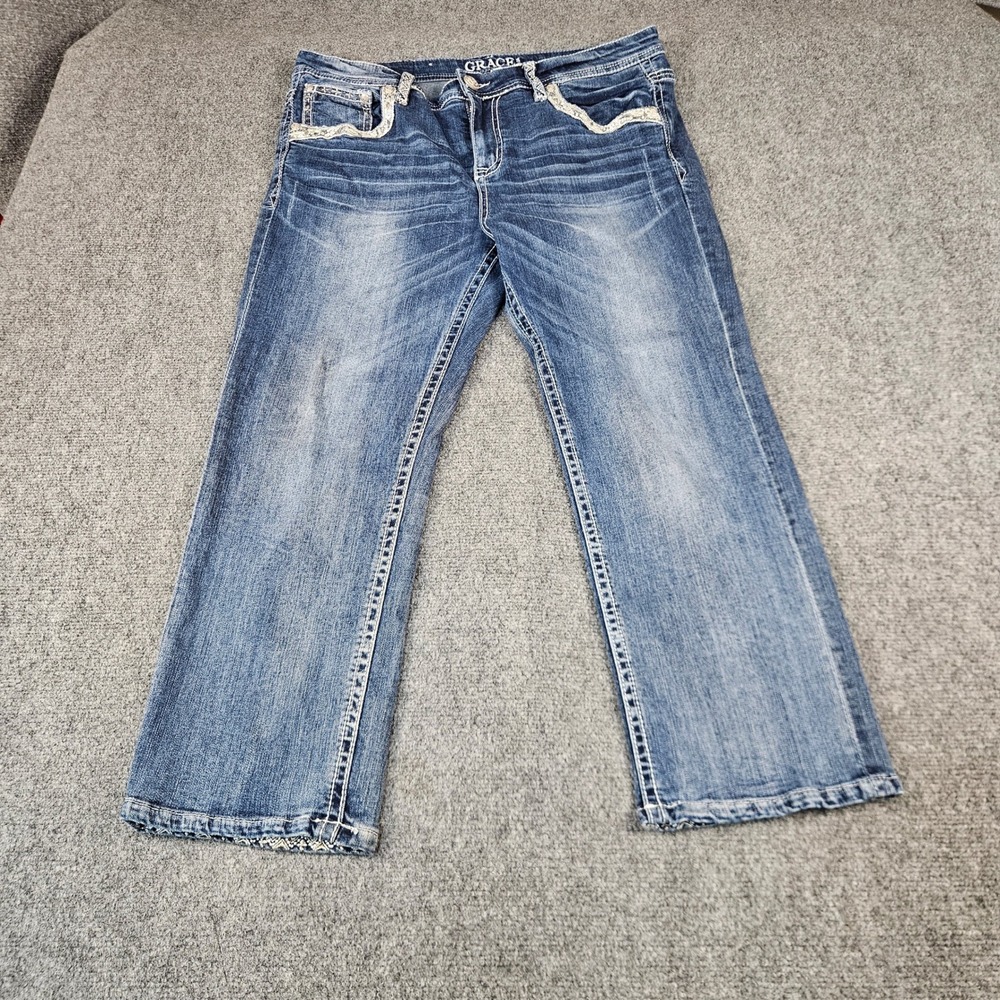 Grace in LA Women Sequin Embroidered Bootcut Jeans Medium Wash Size17 Distressed